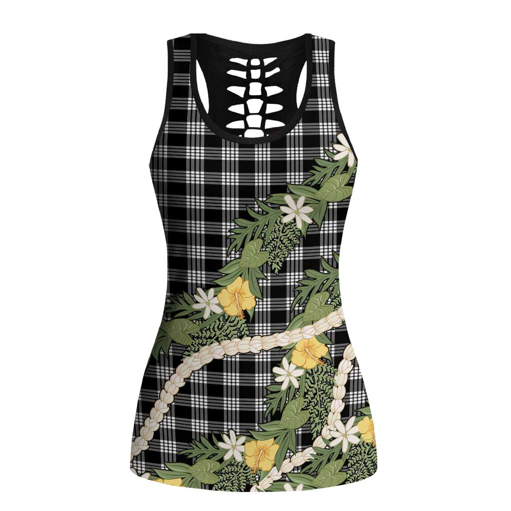 Aloha Puakenikeni Anthurium Pikake Lei Hollow Tank Top Black Hawaiian Palaka Pattern