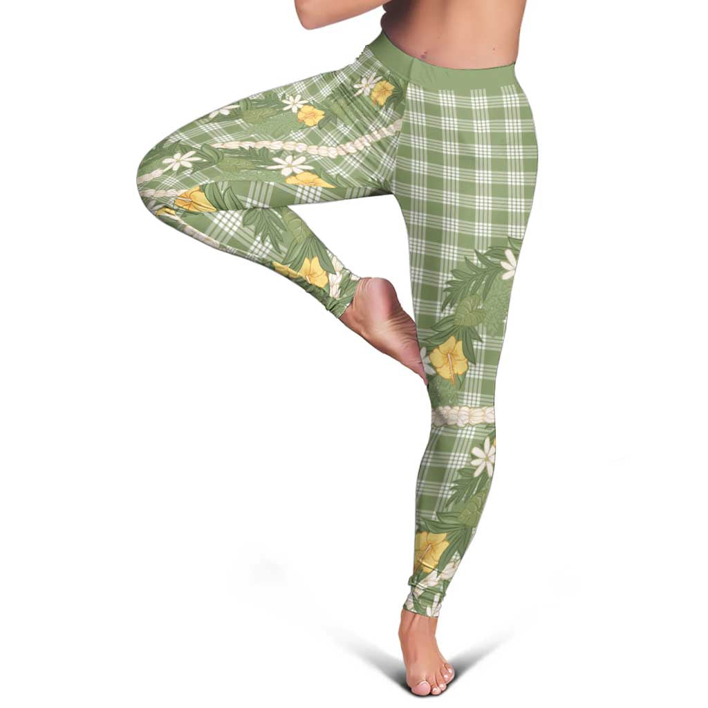 Aloha Puakenikeni Anthurium Pikake Lei Leggings Green Hawaiian Palaka Pattern