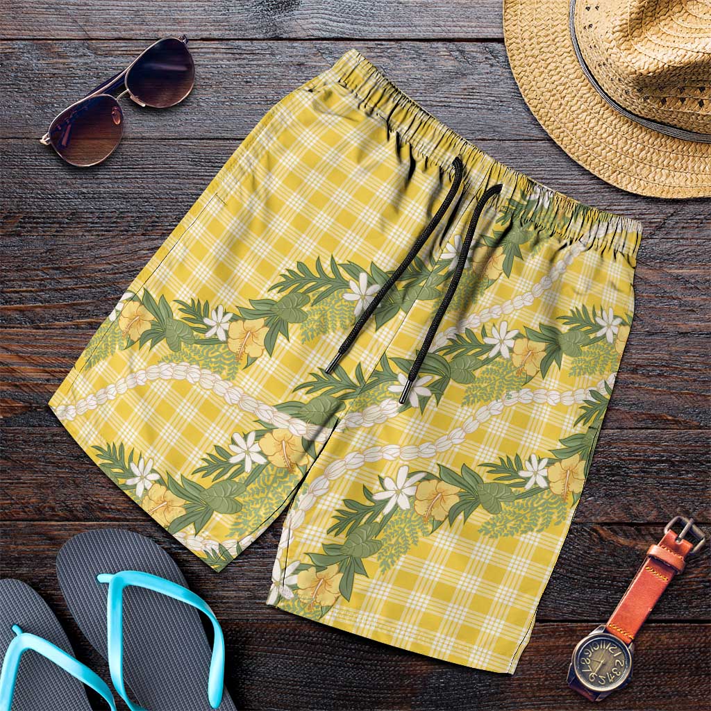 Aloha Puakenikeni Anthurium Pikake Lei Shorts for Men Gold Hawaiian Palaka Pattern LT9 Gold - Polynesian Pride