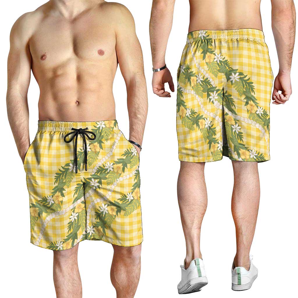 Aloha Puakenikeni Anthurium Pikake Lei Shorts for Men Gold Hawaiian Palaka Pattern LT9 - Polynesian Pride