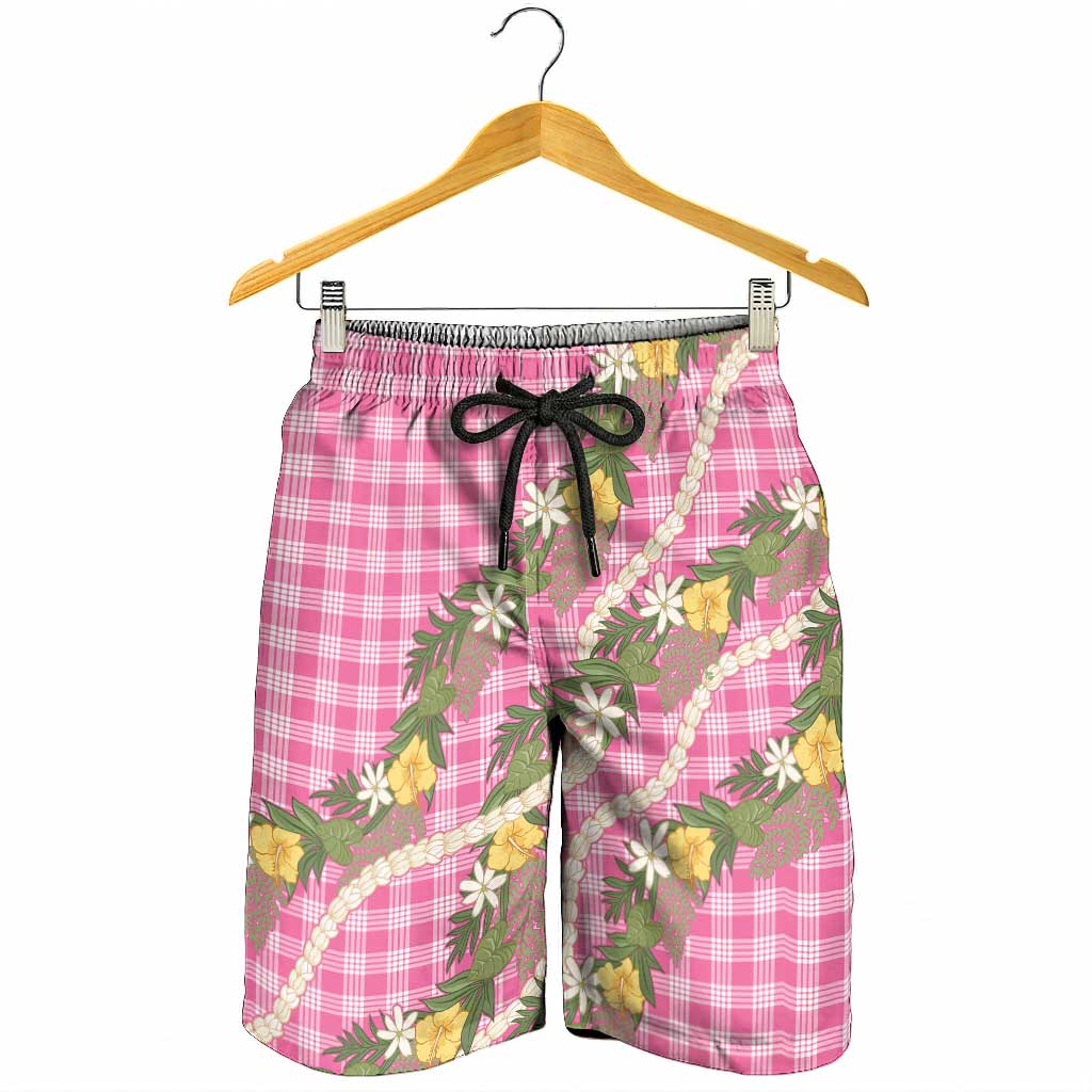 Aloha Puakenikeni Anthurium Pikake Lei Shorts for Men Tropical Pink Hawaiian Palaka Pattern