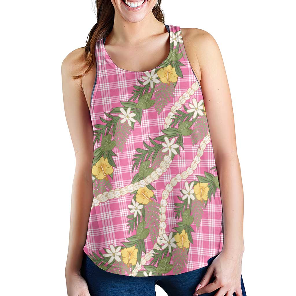 Aloha Puakenikeni Anthurium Pikake Lei Women Racerback Tank Tropical Pink Hawaiian Palaka Pattern