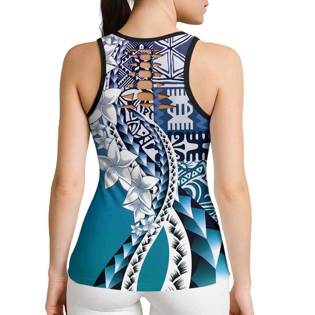 Aloha Vintage Plumeria Hawaiian Tapa Pattern Hollow Tank Top Blue Hawaiian Tapa Pattern - Polynesian Pride