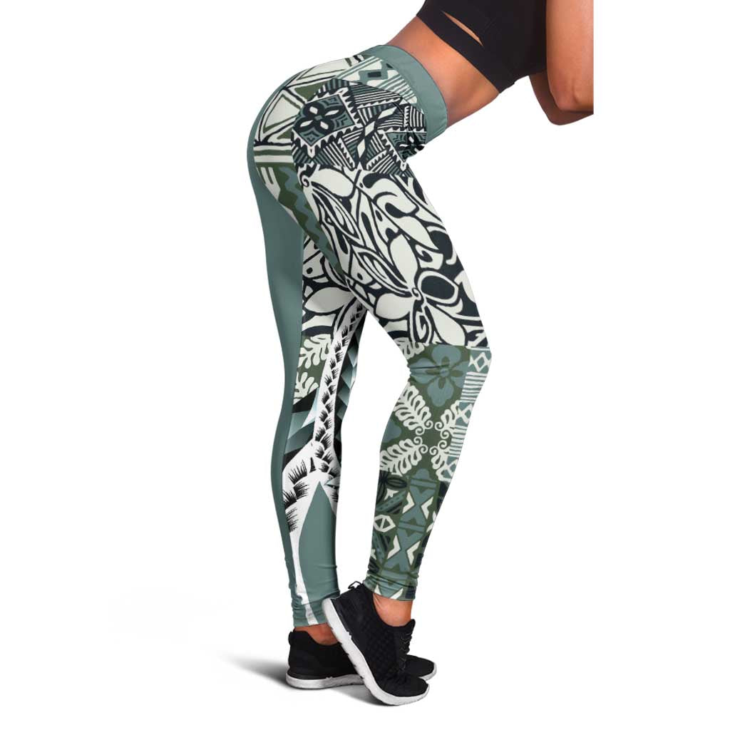 Aloha Vintage Plumeria Hawaiian Tapa Pattern Leggings Dark Turquoise Hawaiian Tapa Pattern - Polynesian Pride