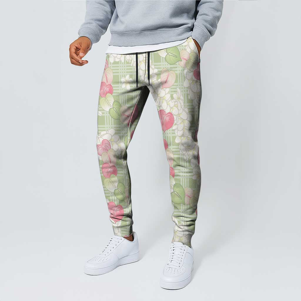 Anthurium Plumeria Lei Pastel Jogger Pants Green Hawaiian Splendid Palaka