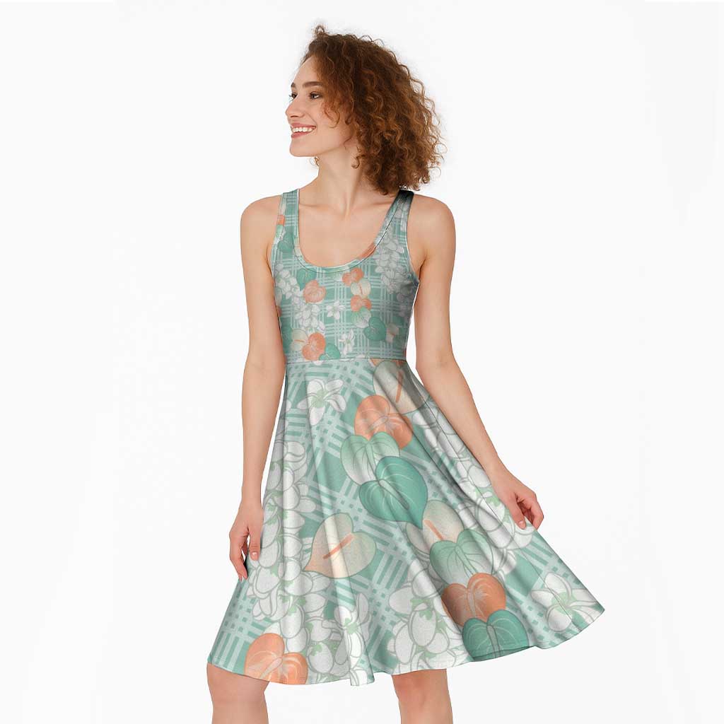 Anthurium Plumeria Lei Pastel Midi Dress Teal Hawaiian Splendid Palaka