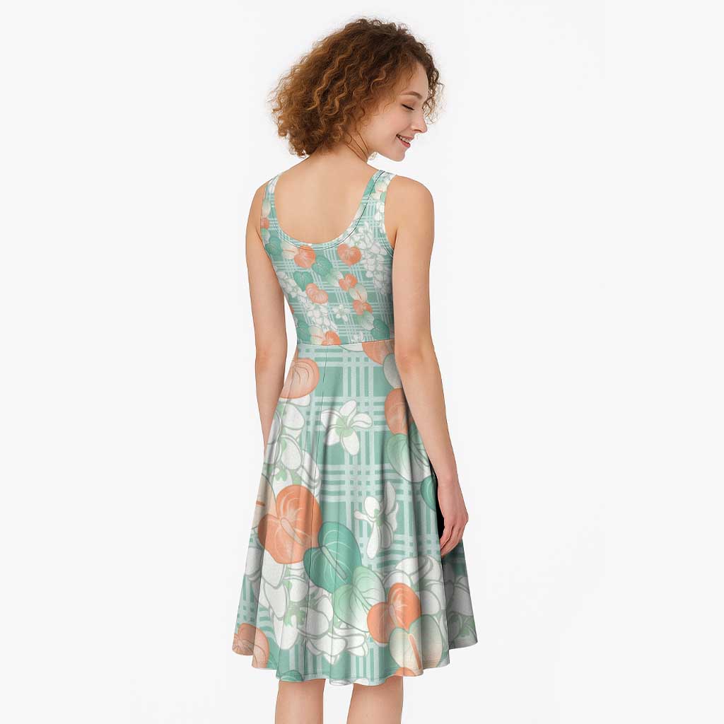 Anthurium Plumeria Lei Pastel Midi Dress Teal Hawaiian Splendid Palaka