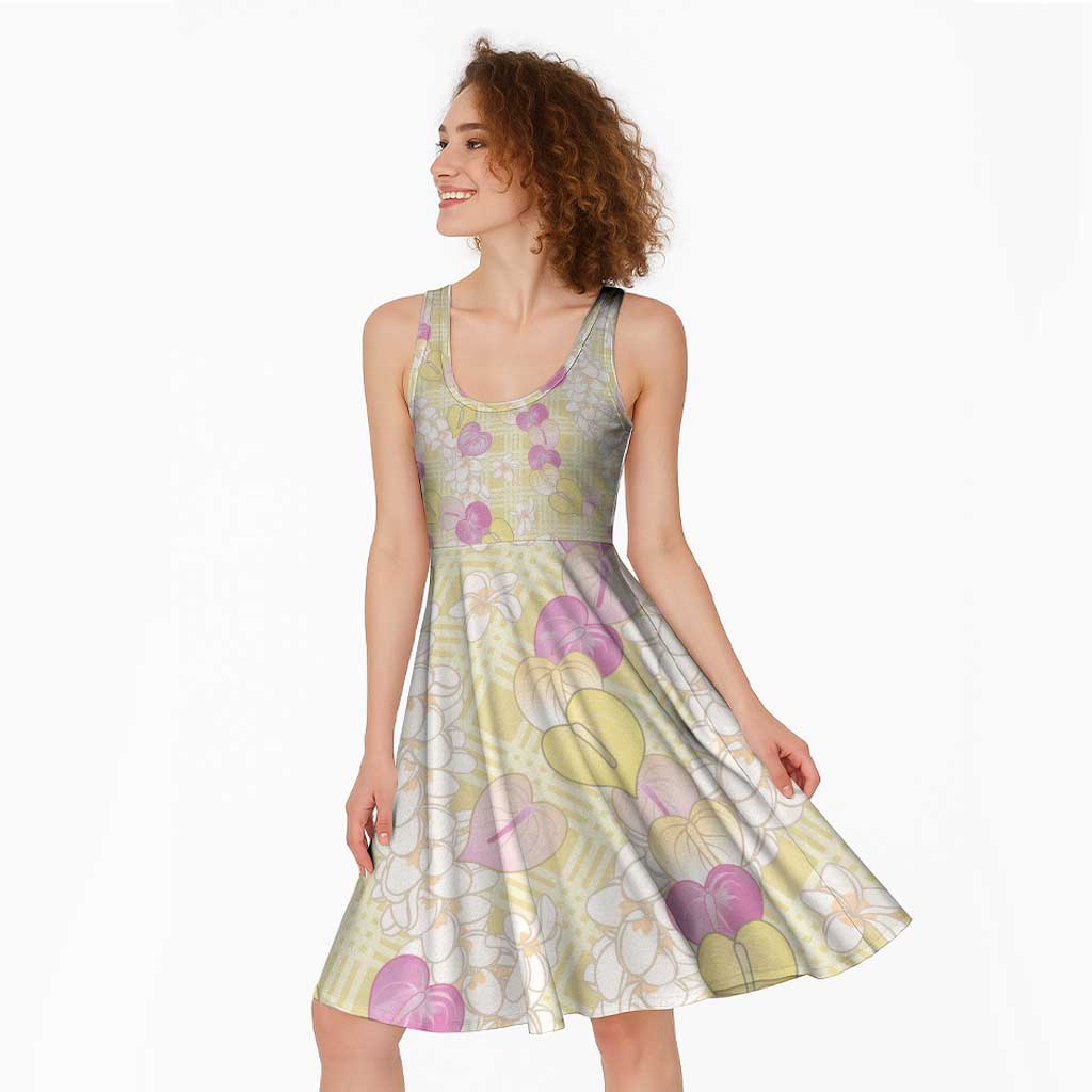 Anthurium Plumeria Lei Pastel Midi Dress Yellow Hawaiian Splendid Palaka