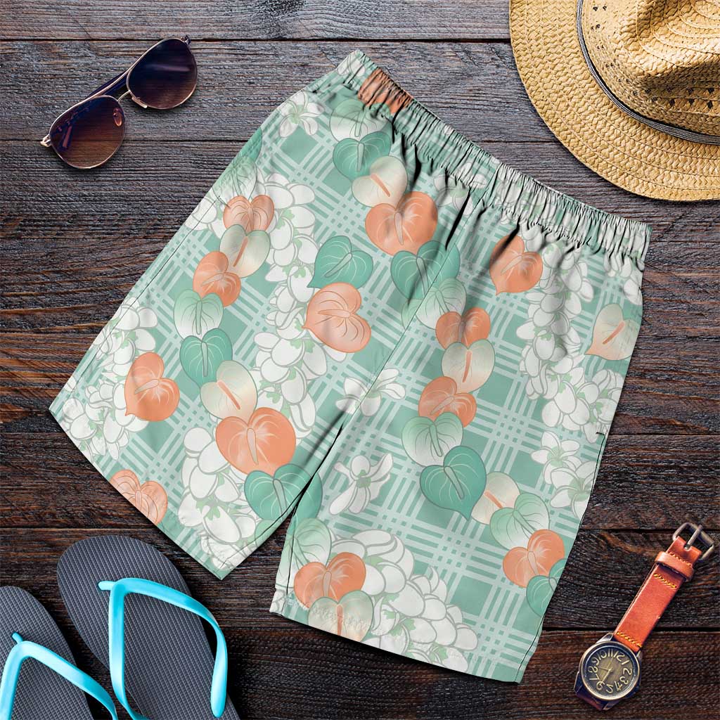 Anthurium Plumeria Lei Pastel Shorts for Men Teal Hawaiian Splendid Palaka