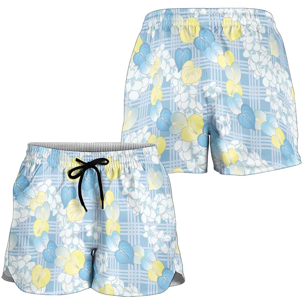 Anthurium Plumeria Lei Pastel Shorts for Women Blue Hawaiian Splendid Palaka