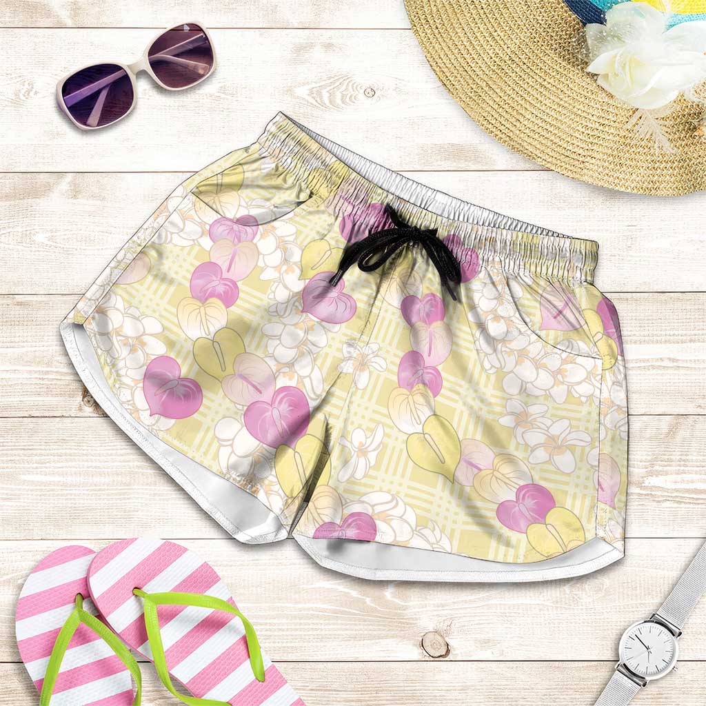 Anthurium Plumeria Lei Pastel Shorts for Women Yellow Hawaiian Splendid Palaka