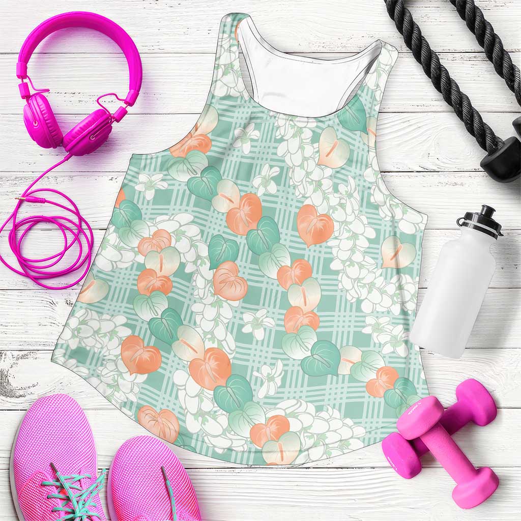 Anthurium Plumeria Lei Pastel Women Racerback Tank Teal Hawaiian Splendid Palaka
