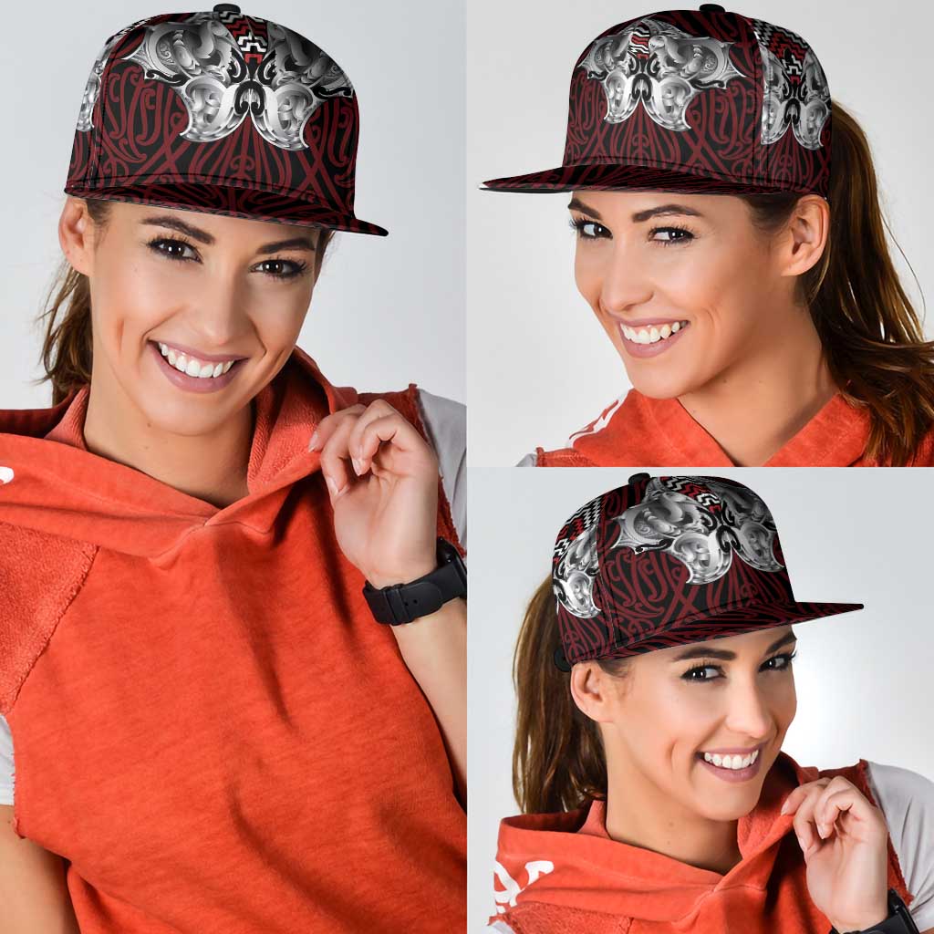 Aotearoa Kowhaiwhai Poutama Red Motif Snapback Cap