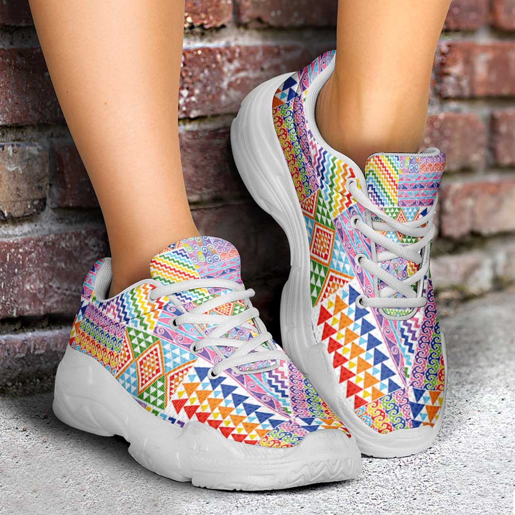Aotearoa Kowhaiwhai Taniko Patchwork Rainbow Motifs Chunky Sneakers