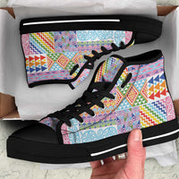Aotearoa Kowhaiwhai Taniko Patchwork Rainbow Motifs High Top Shoes