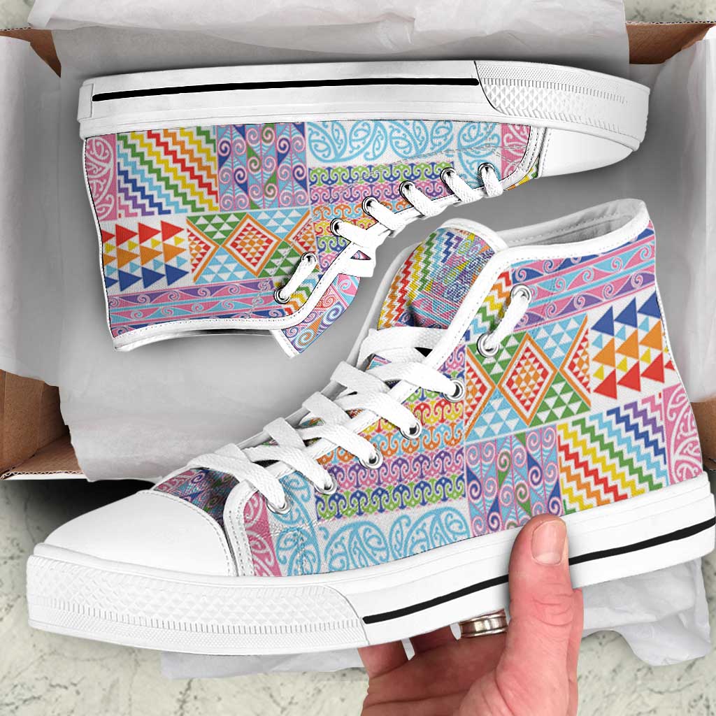 Aotearoa Kowhaiwhai Taniko Patchwork Rainbow Motifs High Top Shoes