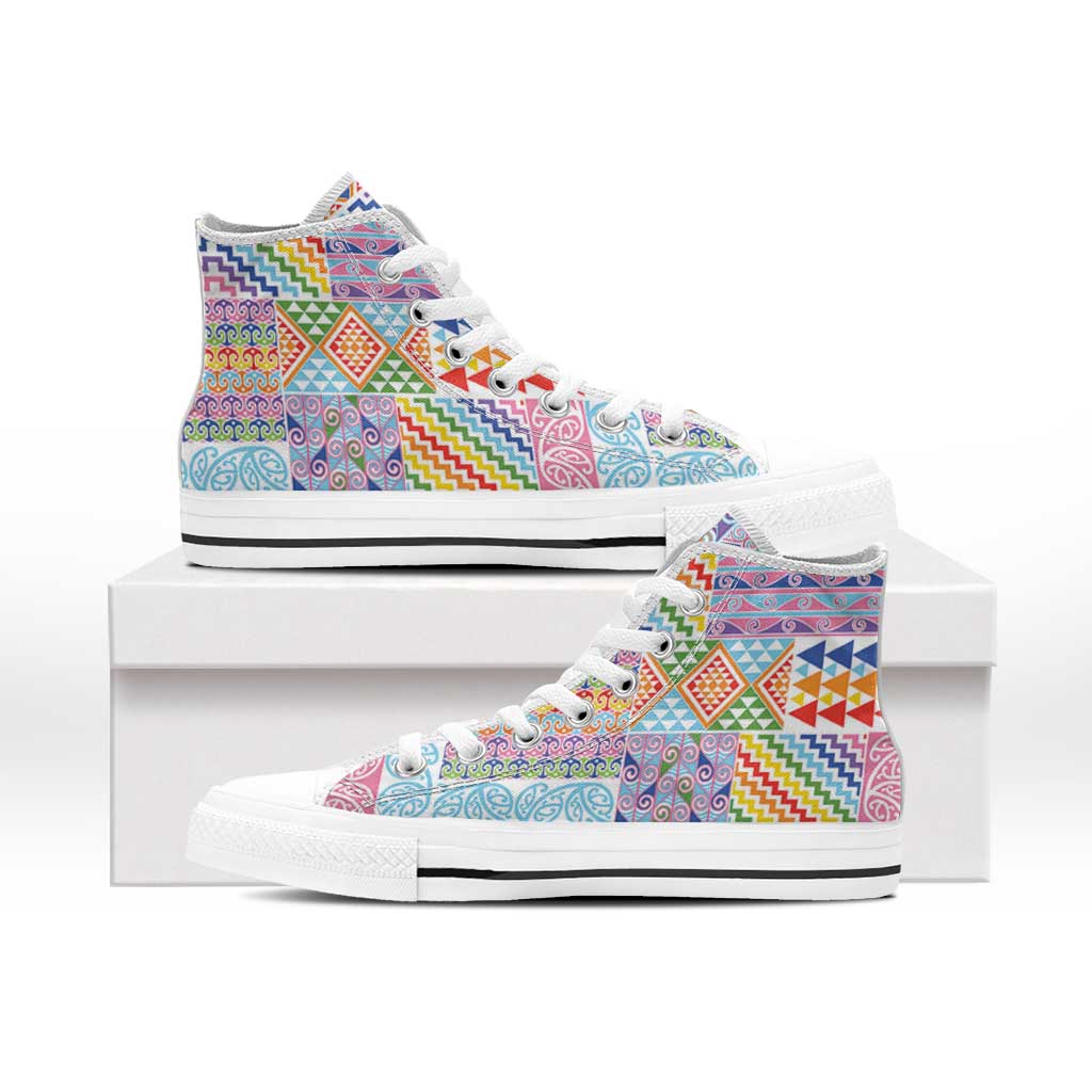 Aotearoa Kowhaiwhai Taniko Patchwork Rainbow Motifs High Top Shoes