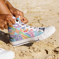 Aotearoa Kowhaiwhai Taniko Patchwork Rainbow Motifs High Top Shoes