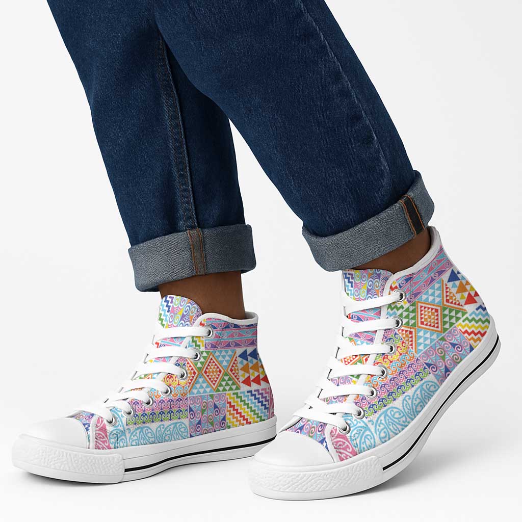 Aotearoa Kowhaiwhai Taniko Patchwork Rainbow Motifs High Top Shoes