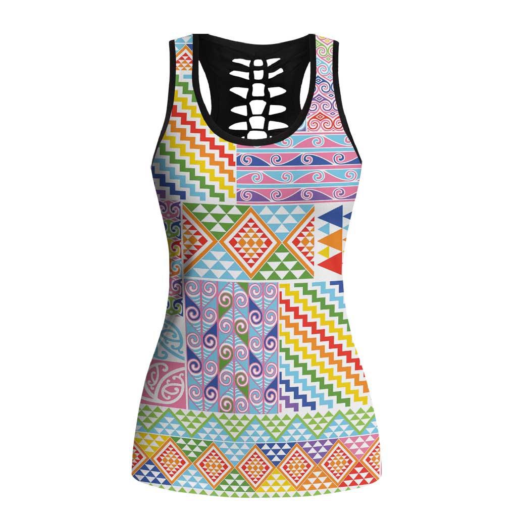 Aotearoa Kowhaiwhai Taniko Patchwork Rainbow Motifs Hollow Tank Top