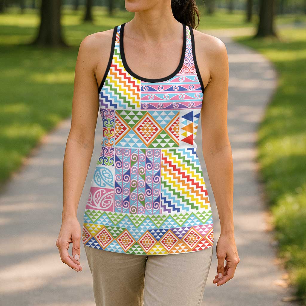 Aotearoa Kowhaiwhai Taniko Patchwork Rainbow Motifs Hollow Tank Top