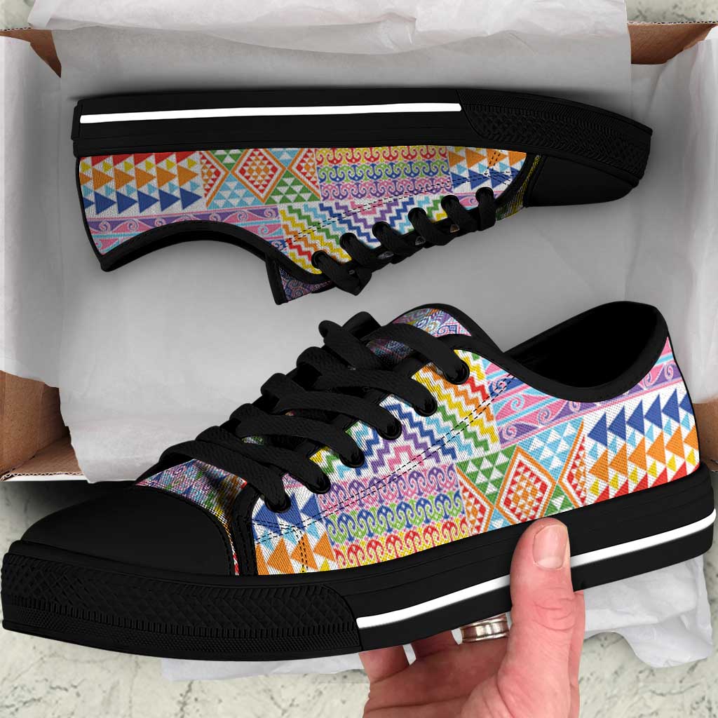 Aotearoa Kowhaiwhai Taniko Patchwork Rainbow Motifs Low Top Shoes