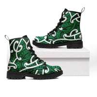 Aotearoa Maori Kowhaiwhai Leather Boots Kakariki Puhoro and Patiki