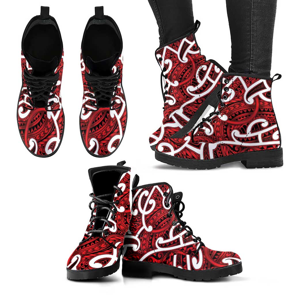 Aotearoa Maori Kowhaiwhai Leather Boots Whero Puhoro and Patiki