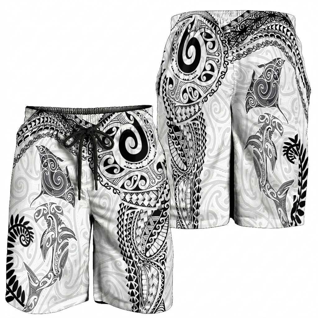 Aotearoa Maori Sea Animals Tribal Shorts for Men Manta Ray and Shark Moko Pattern White Color