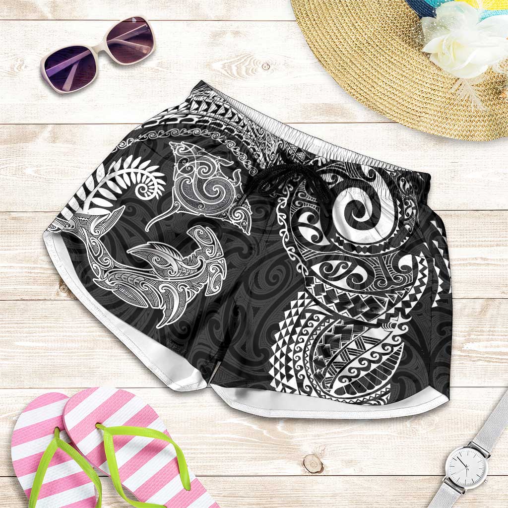 Aotearoa Maori Sea Animals Tribal Shorts for Women Manta Ray and Shark Moko Pattern Black Color