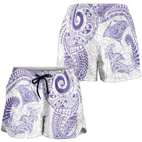 Aotearoa Maori Sea Animals Tribal Shorts for Women Manta Ray and Shark Moko Pattern Purple Color LT03 - Polynesian Pride