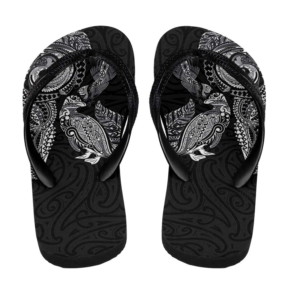 Aotearoa Moko Tribal Tattoo Flip Flops New Zealand Maori Penguin and Fantail Black Color