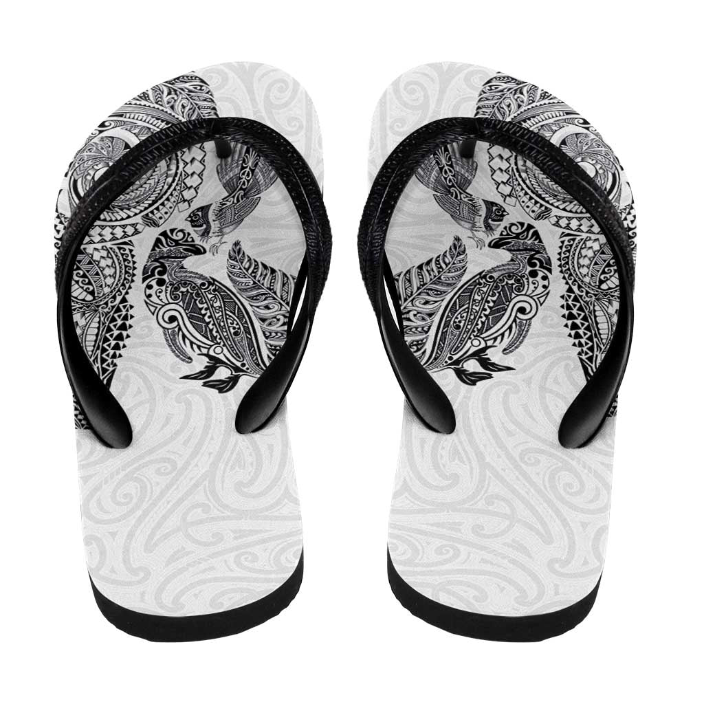 Aotearoa Moko Tribal Tattoo Flip Flops New Zealand Maori Penguin and Fantail White Color