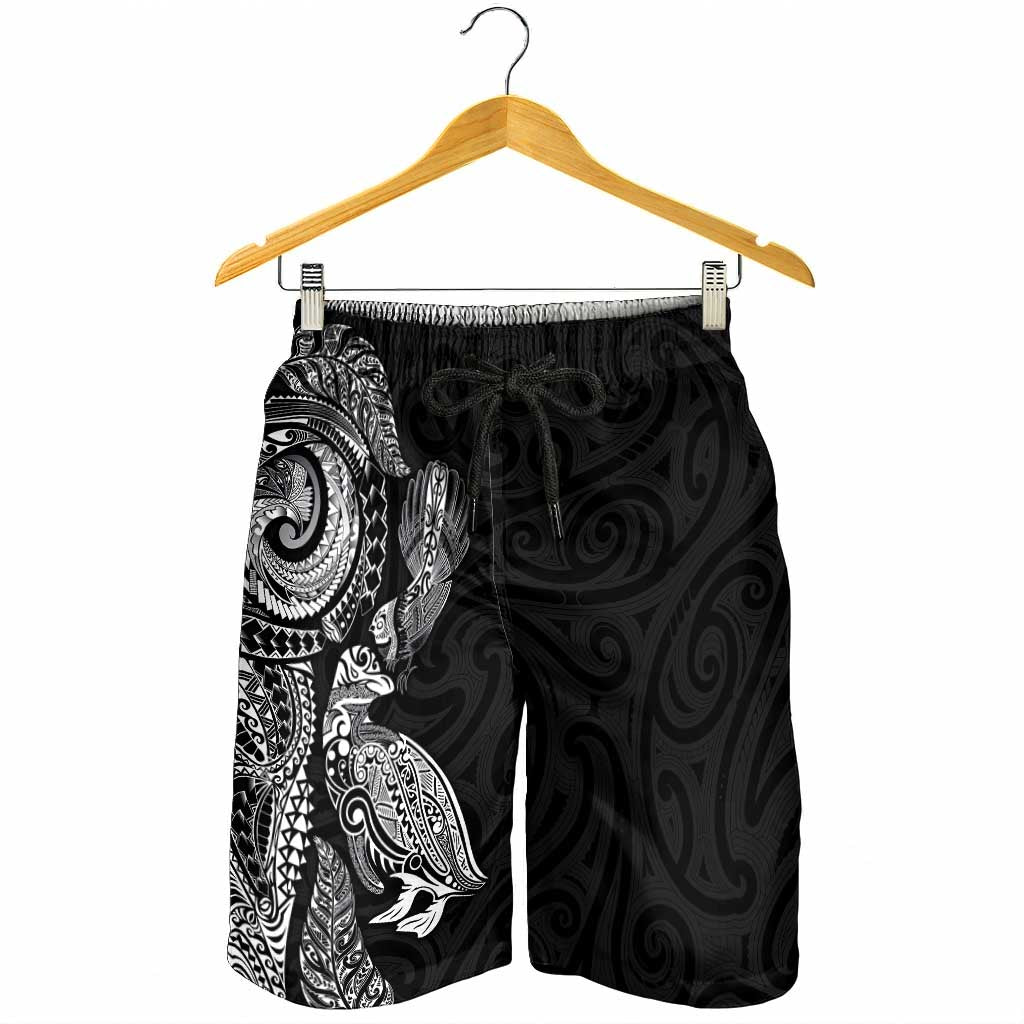 Aotearoa Moko Tribal Tattoo Shorts for Men New Zealand Maori Penguin and Fantail Black Color LT03 - Polynesian Pride