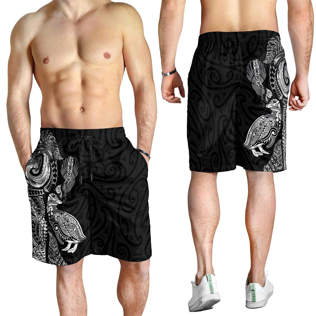 Aotearoa Moko Tribal Tattoo Shorts for Men New Zealand Maori Penguin and Fantail Black Color LT03 - Polynesian Pride