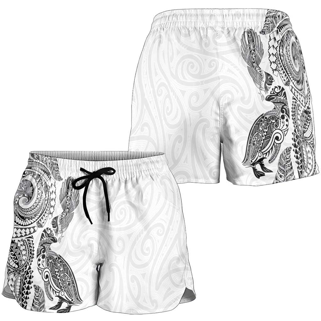 Aotearoa Moko Tribal Tattoo Shorts for Women New Zealand Maori Penguin and Fantail White Color
