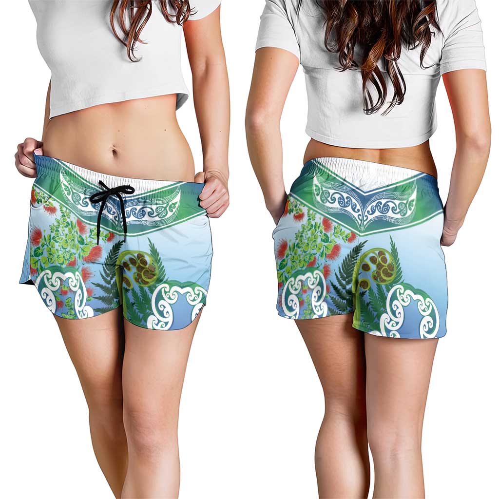 Aotearoa New Zealand Natural Plants Shorts for Women Pohutukawa with Silver Ferns Koru Frond Maori Tattoos LT03 - Polynesian Pride