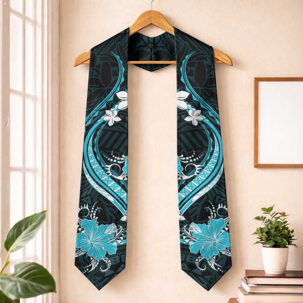 Aqua Polynesian Pattern With Tropical Flowers Graduation Stole