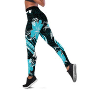 Aqua Polynesian Pattern With Tropical Flowers Leggings - Polynesian Pride