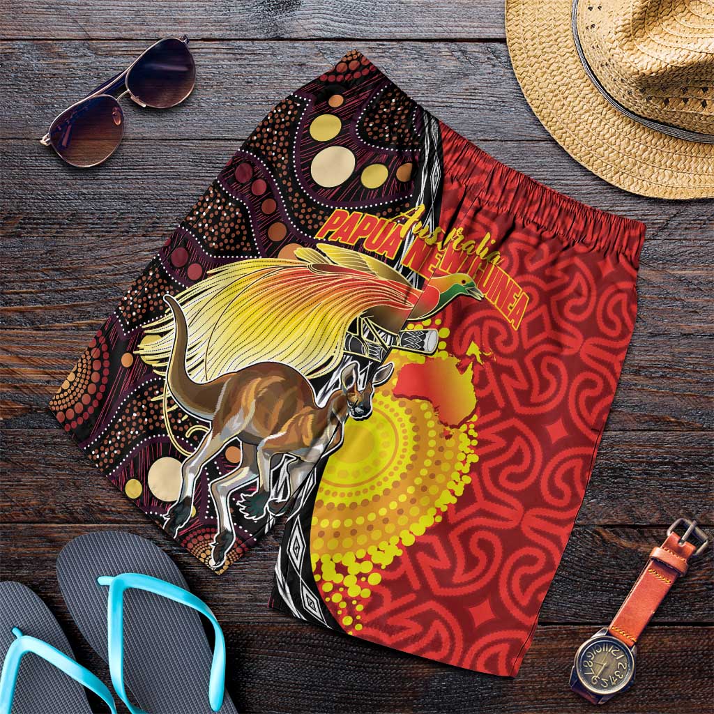 Australia and Papua New Guinea Together Shorts for Men Bird-of-paradise and Kangaroo with Oro Tapa and Aboriginal Art Motifs - Polynesian Pride