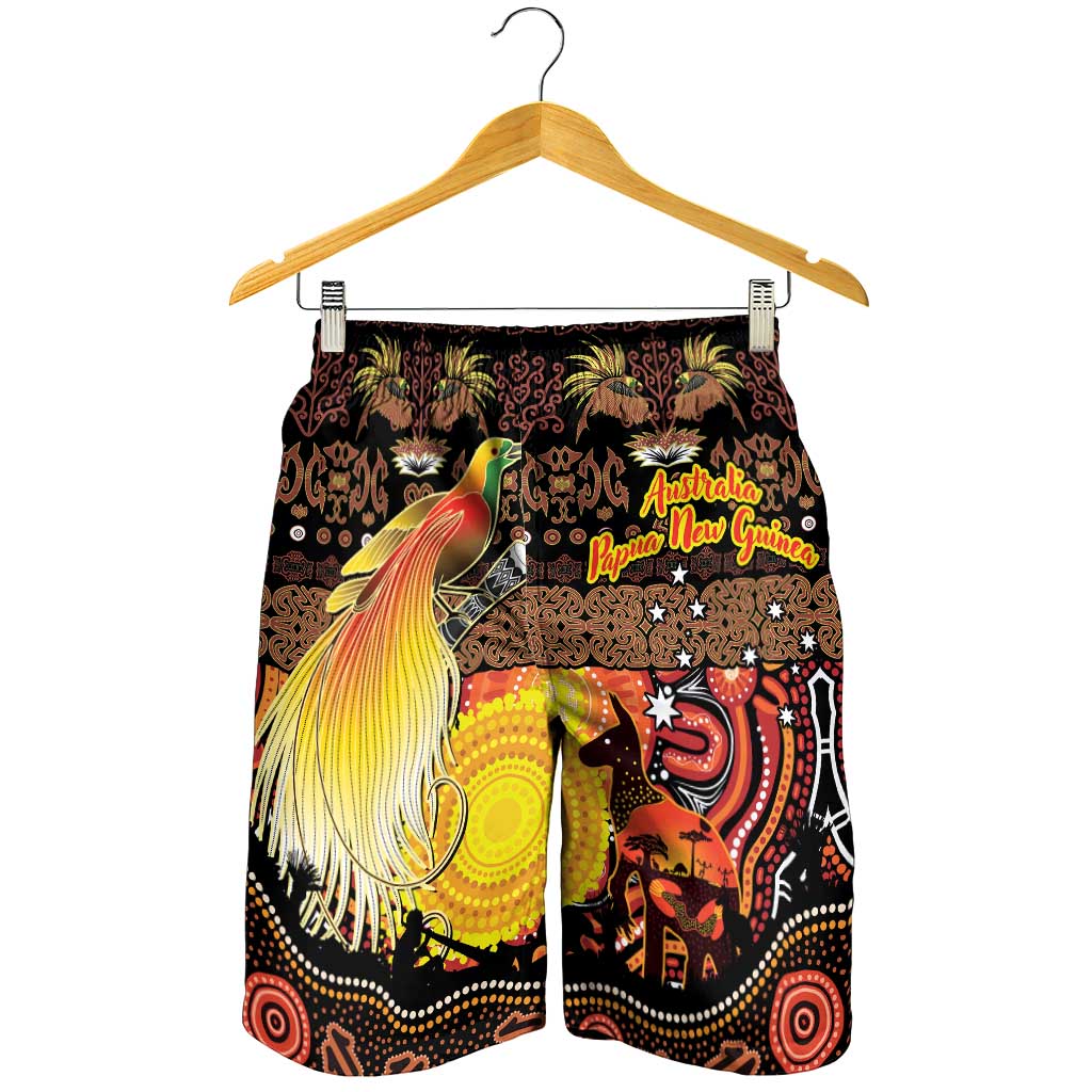 Australia and Papua New Guinea Together Shorts for Men Kangaroo Aboriginal Art and Bird-of-paradise Oro Tribal Motifs - Polynesian Pride
