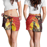 Australia and Papua New Guinea Together Shorts for Women Bird-of-paradise and Kangaroo with Oro Tapa and Aboriginal Art Motifs LT03 - Polynesian Pride