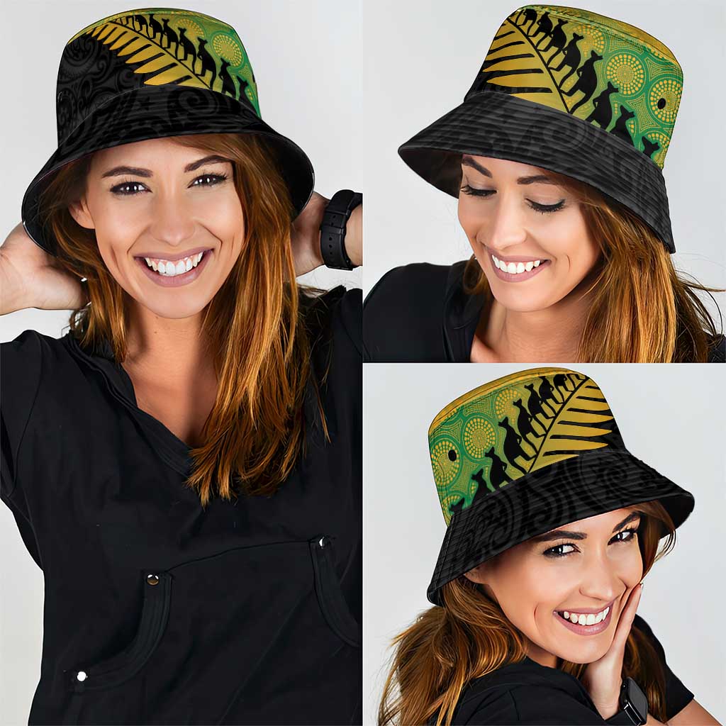 Australia New Zealand Rugby Bucket Hat Gradient Aboriginal Wallabies and Maori Black Fern - Polynesian Pride