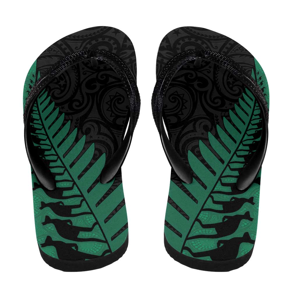 Australia New Zealand Rugby Flip Flops Green Aboriginal Wallabies and Maori Black Fern - Polynesian Pride