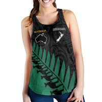 Australia New Zealand Rugby Women Racerback Tank Green Aboriginal Wallabies and Maori Black Fern - Polynesian Pride