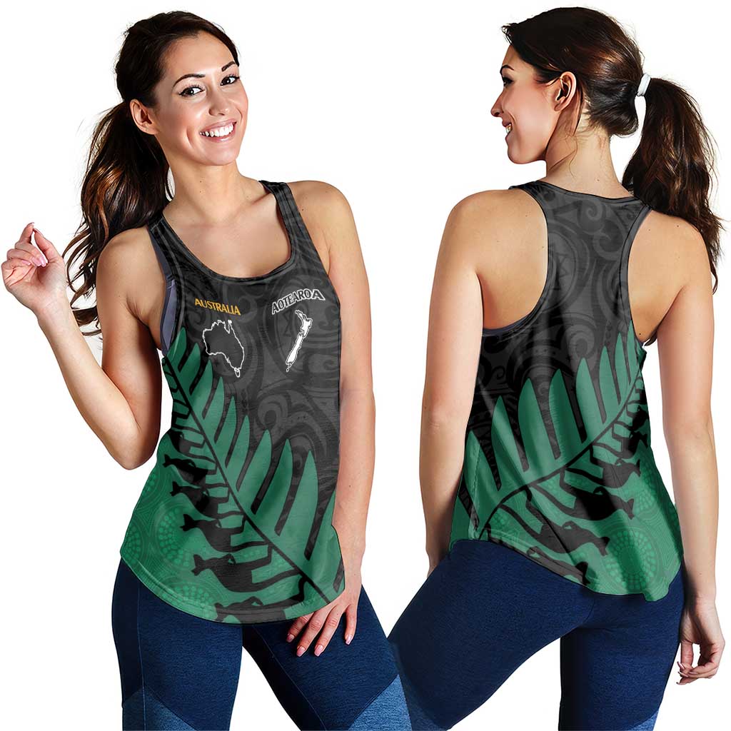 Australia New Zealand Rugby Women Racerback Tank Green Aboriginal Wallabies and Maori Black Fern - Polynesian Pride