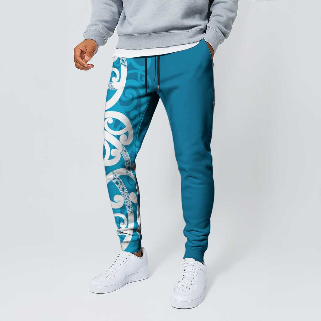 Azure Blue Maori Jogger Pants Koru Kowhaiwhai
