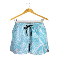 Baby Blue Gradient Polynesia Shorts for Women Hawaiian Tribal Hammerhead Shark Tattoo - Polynesian Pride