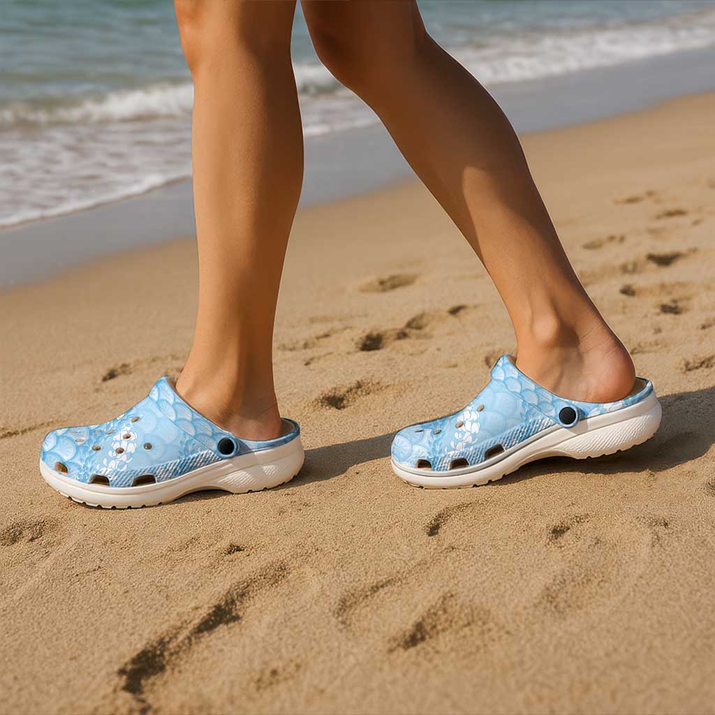 Baby Blue Mermaid Puakenikeni Maile Lei Clogs Shoes