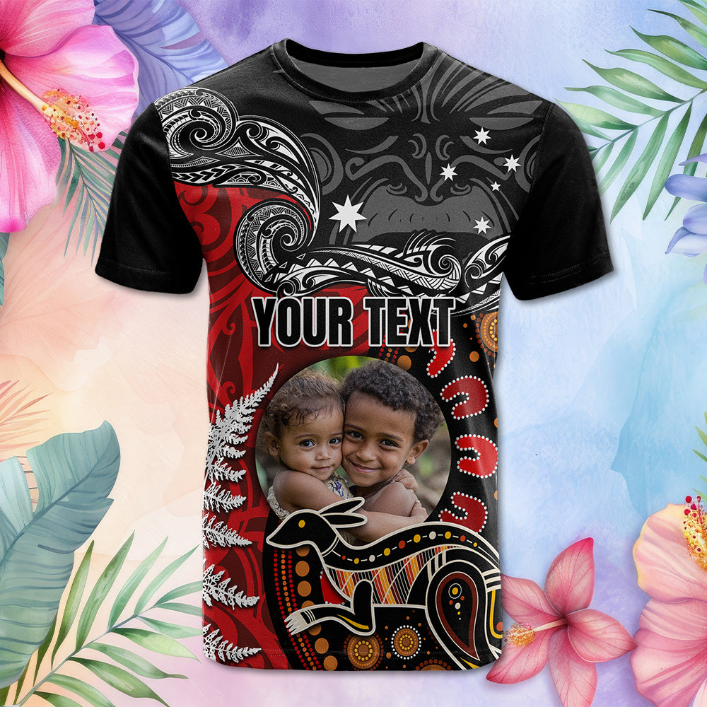 Custom Aotearoa Australia Toitu Te Tiriti T Shirt with Aboriginal Art and Personalized Photo





